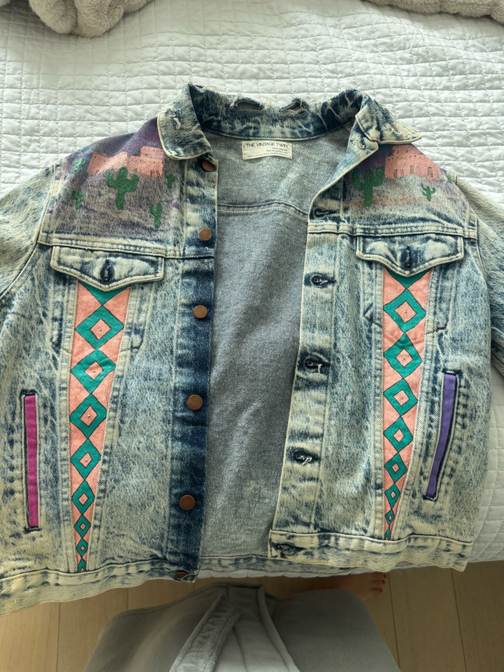 Vintage Twin Women's Acid Wash Denim Jacket with Pink & Teal Tribal Accents